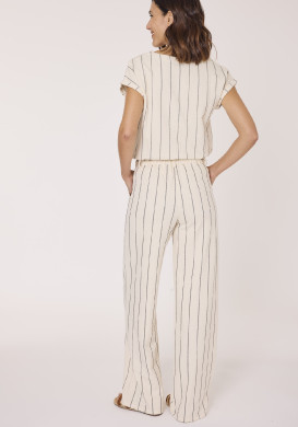 Pantalon large femme beige rayé 100% coton
