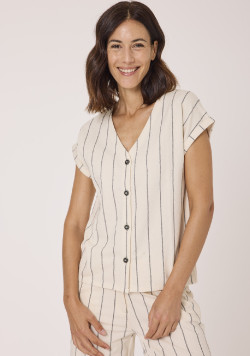 Chemise femme manches courtes beige rayée 100% coton