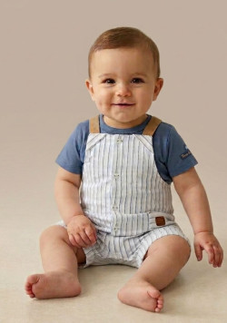 Ensemble Bébé salopette rayée + t-shirt bleu