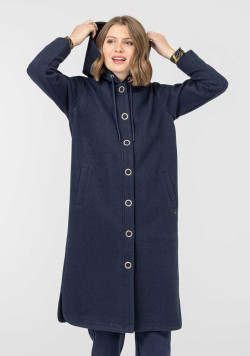 Manteau long femme à capuche en feutrine bleu marine - EOM
