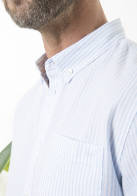 Chemise homme manches longues grège rayée bleu - EOM Chemise homme manches longues grège rayée bleu - EOM