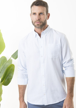 Chemise homme manches longues grège rayée bleu - EOM