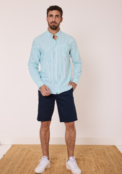 Chemise homme manches longues grège rayée vert - EOM