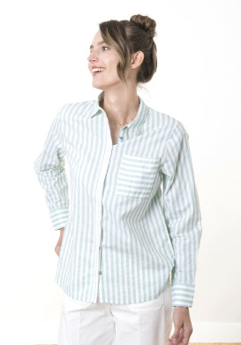 CHEMISE CHEMISIER ML FOND BLANC RAYE VERT CROUST2 Chemise 100% coton à rayures vertes Femme - EOM