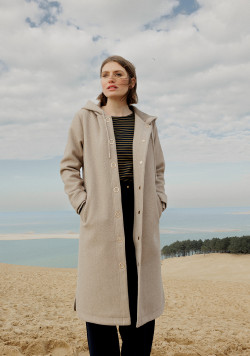 Manteau long femme à capuche en feutrine beige chiné - EOM