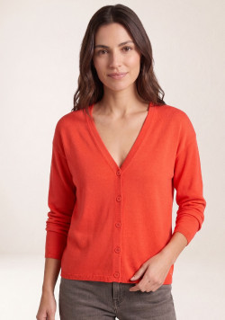 Gilet femme col V rouge corail