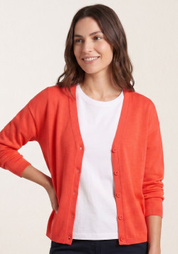 Gilet femme col V rouge corail