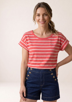 Marinière manches courtes femme 100% coton rayé corail et grège