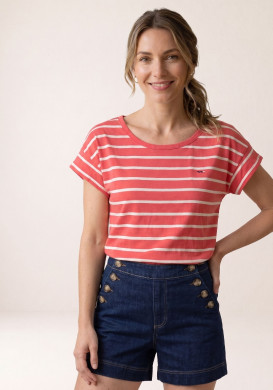 Marinière manches courtes femme 100% coton rayé corail et grège