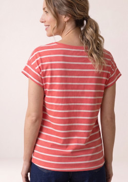 Marinière manches courtes femme 100% coton rayé corail et grège