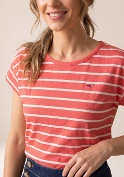 Marinière manches courtes femme 100% coton rayé corail et grège