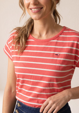 Marinière manches courtes femme 100% coton rayé corail et grège
