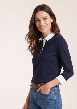 Polo manches 3/4 bleu marine effet 2 en 1 Femme