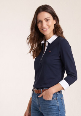 Polo manches 3/4 bleu marine effet 2 en 1 Femme Polo manches 3/4 bleu marine effet 2 en 1 Femme