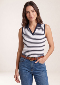 Polo femme bleu marine sans manches rayé