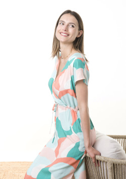 Robe femme en viscose imprimée vert et corail - EOM