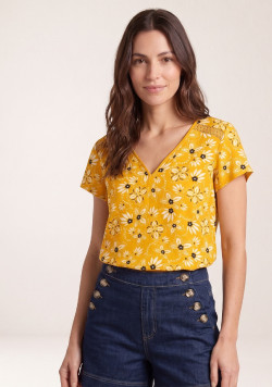 Blouse manches courtes imprimé jaune Femme