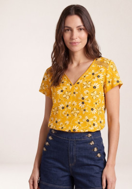 Blouse manches courtes imprimé jaune Femme Blouse manches courtes imprimé jaune Femme