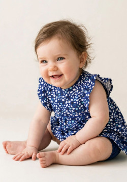 Ensemble Bébé Fille imprimé bleu robe + bloomer + bandeau