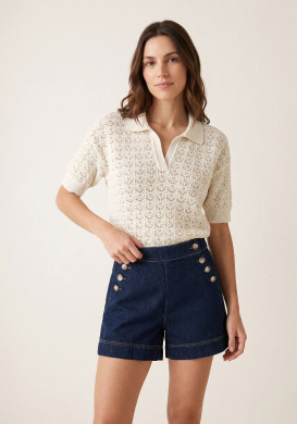 Polo en tricot ajouré femme beige Polo en tricot ajouré femme beige