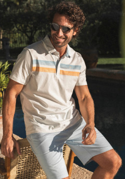 Polo manches courtes homme blanc à rayures colorées