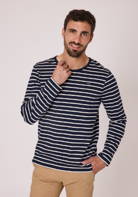 Marinière Homme manches longues bleu marine rayé grège