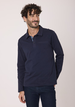 Polo manches longues homme 100% coton bleu marine