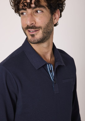 Polo manches longues homme 100% coton bleu marine