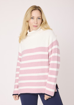 Pull col roulé femme rayé rose et blanc
