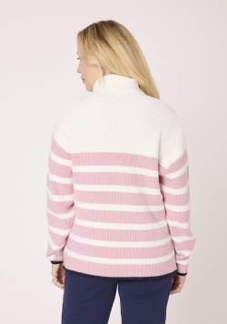Pull col roulé femme rayé rose et blanc