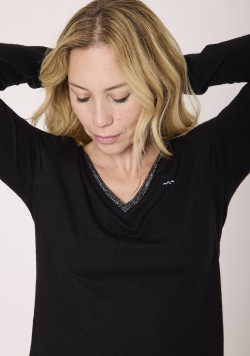 T-shirt manches longues femme col V noir