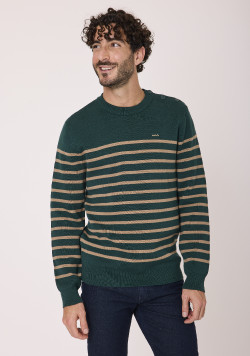 Pull rayé Manches longues vert et beige 100% coton Homme