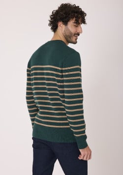 Pull rayé Manches longues vert et beige 100% coton Homme