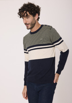 Pull à rayures 100% coton bleu marine et vert Homme