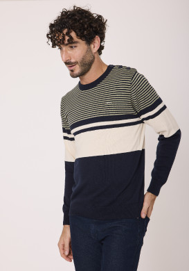 Pull à rayures 100% coton bleu marine et vert Homme Pull à rayures 100% coton bleu marine et vert Homme