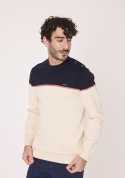Pull beige et bleu marine 100% coton Homme
