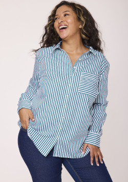 Chemise manches longues 100% coton Rayée Vert Femme
