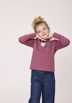 T-shirt fille manches longues et col montant rose foncé