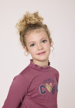 T-shirt fille manches longues et col montant rose foncé