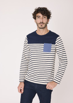 Tee-shirt marinière manches longues 100% coton Bleu marine Homme