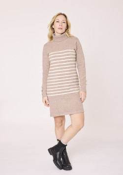 Robe pull col roulé Rayée beige et blanche Femme