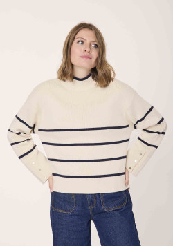 Pull col montant rayé beige et bleu marine Femme - EOM
