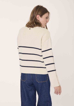 Pull col montant rayé beige et bleu marine Femme - EOM