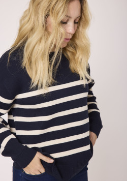 Pull rayé bleu marine et beige Femme