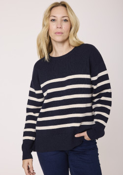 Pull rayé bleu marine et beige Femme