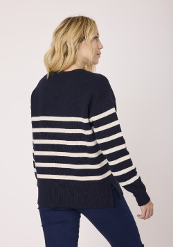 Pull rayé bleu marine et beige Femme