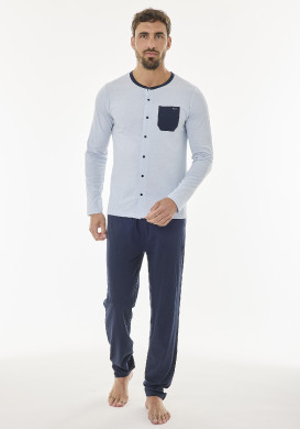 Ensemble pyjama long 100% coton Bleu Homme Ensemble pyjama long 100% coton Bleu Homme