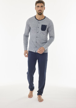 Ensemble pyjama long 100% coton Gris et Bleu marine Homme