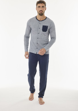 Ensemble pyjama long 100% coton Gris et Bleu marine Homme Ensemble pyjama long 100% coton Gris et Bleu marine Homme