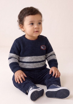Pull bleu marine rayé gris 100% coton Bébé Garçon